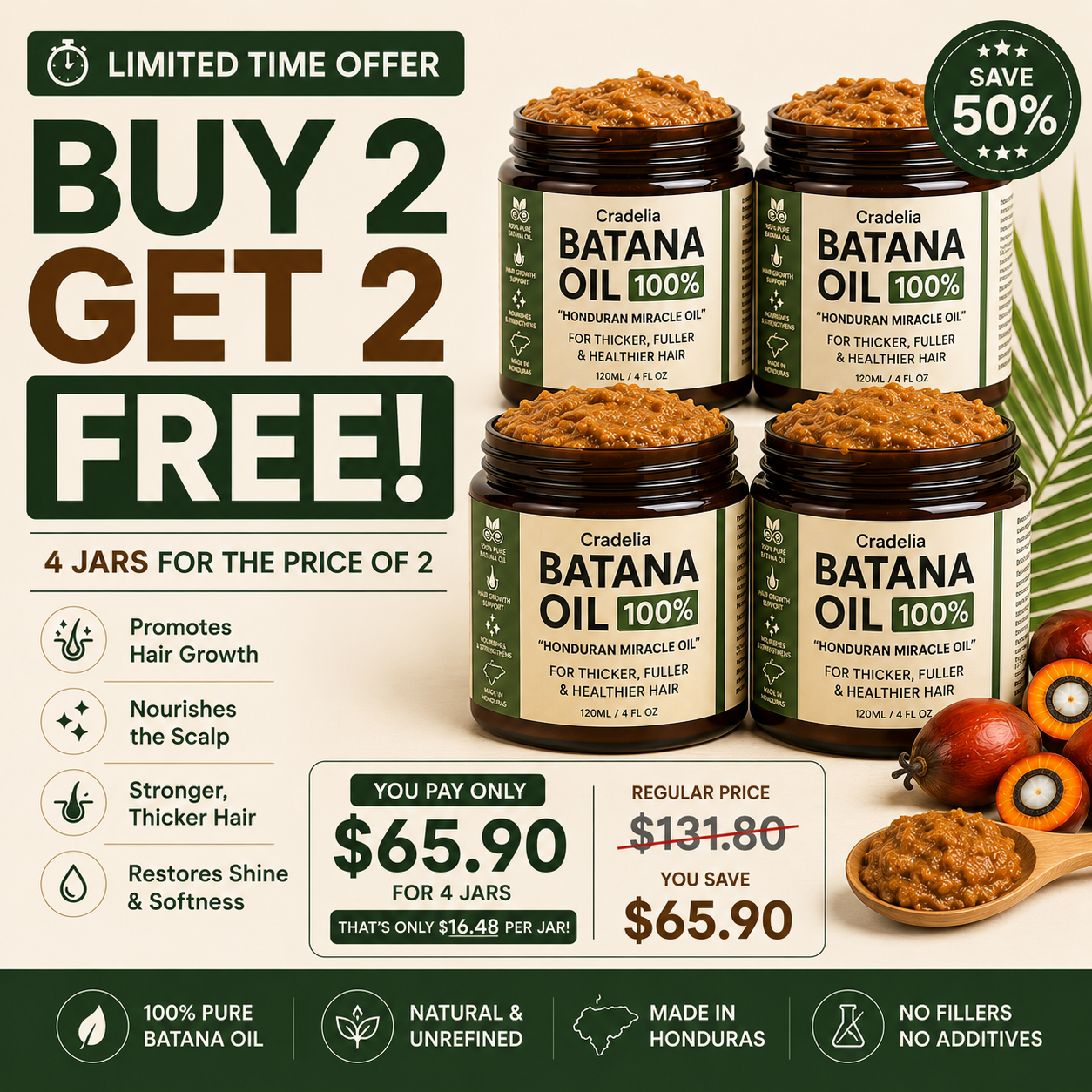 Batana Oil for Hair Growth | 100% Pure Honduran Hair Growth Oil for Thinning Hair & Fuller Hair