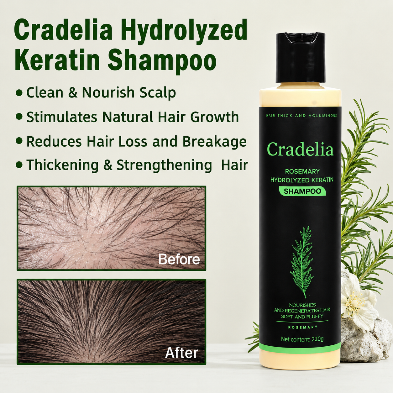 Rosemary Oil Shampoo with Hydrolyzed Keratin & Biotin – Scalp Care Shampoo for Thinning Hair, Weak Strands & Fuller-Looking Hair