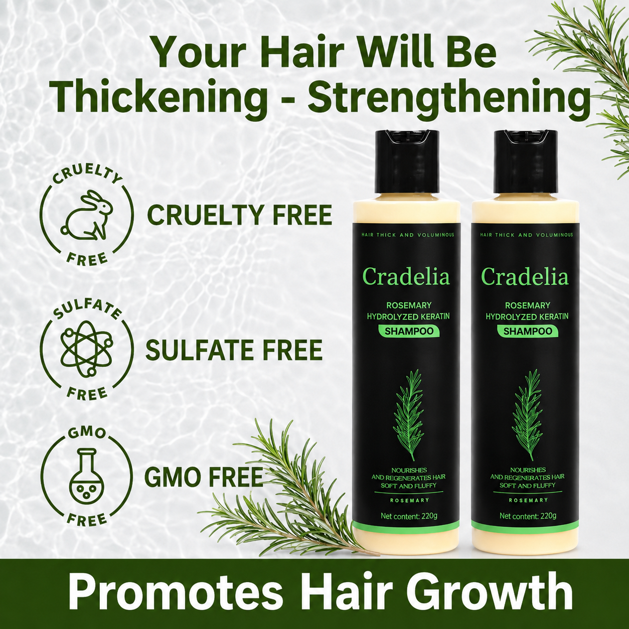 Hair Growth Shampoo for Thinning Hair – Rosemary Oil Anti Hair Loss Thickening Shampoo with Hydrolyzed Keratin, Biotin & Aloe Vera
