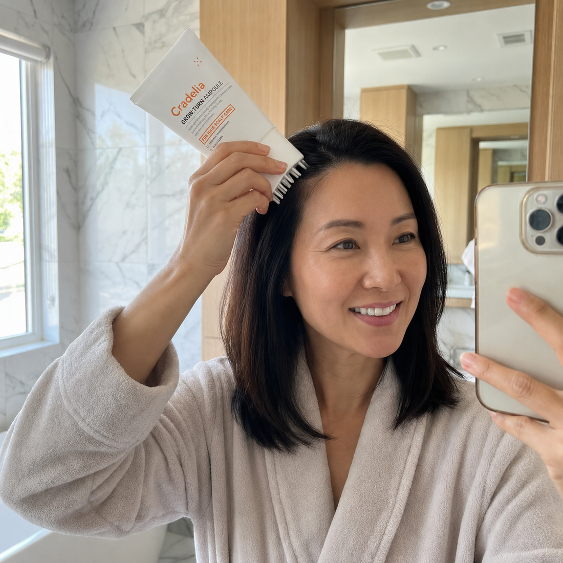 Woman applying hair treatment
